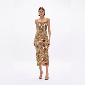Rachel Gilbert Gold Hand Embellished Floral Francesca Gown Midi AU1/US4 NWT